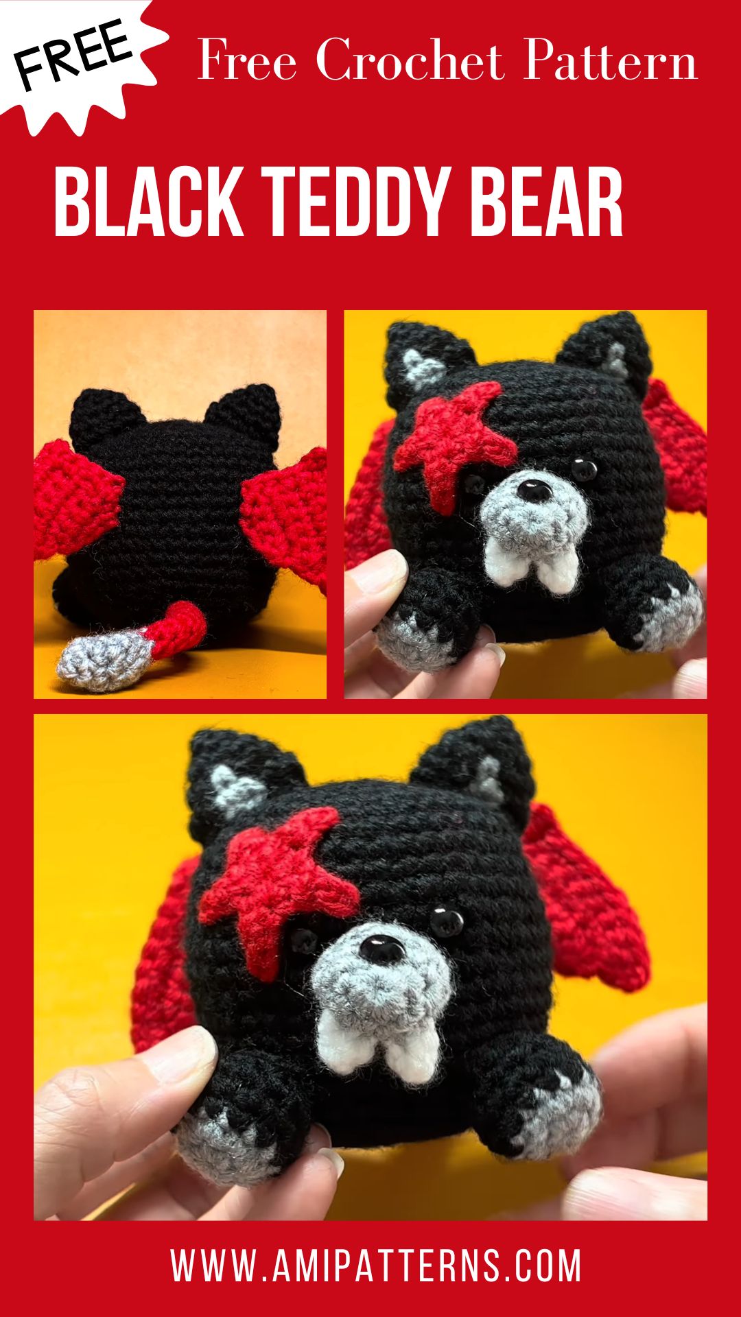 Classy Cute Crochet Black Teddy Bear with Red Star Kawaii Amigurumi Gift