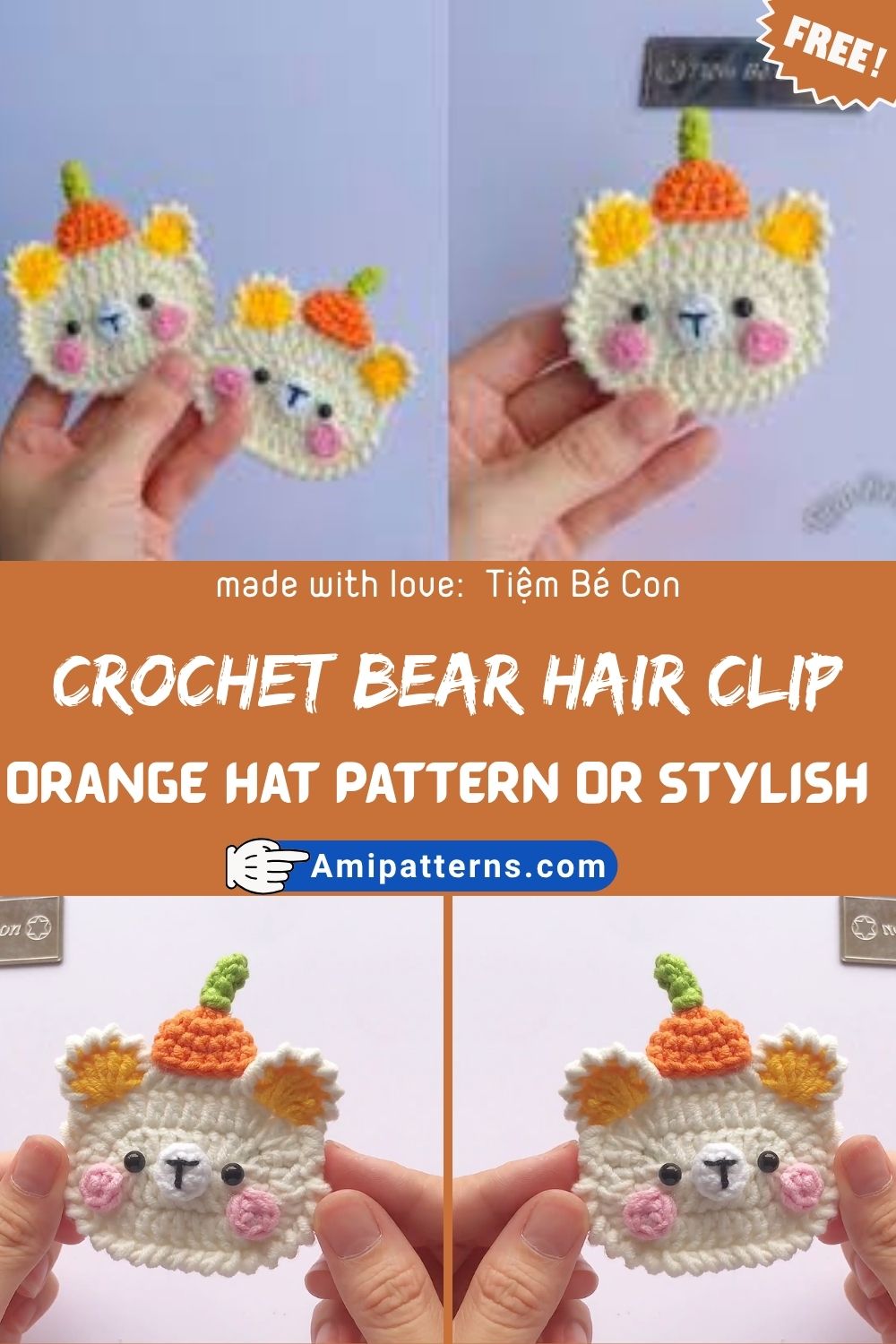 Incredible Crochet Bear hair clip with orange hat Pattern or Stylish Warmth