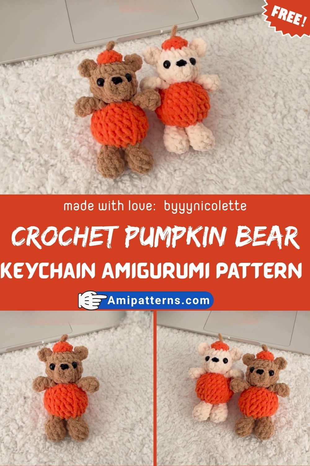 Gorgeous Crochet Pumpkin Bear Keychain Amigurumi Pattern Toy