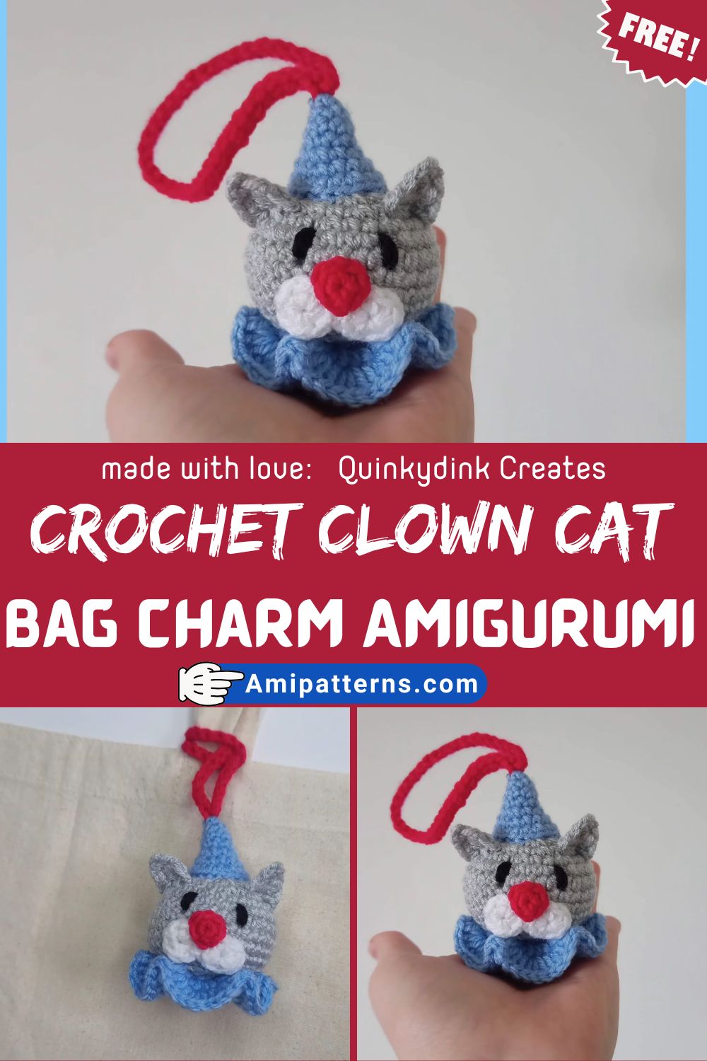 Genuine Crochet Clown Cat Bag Charm Amigurumi Pattern for Fun Decor