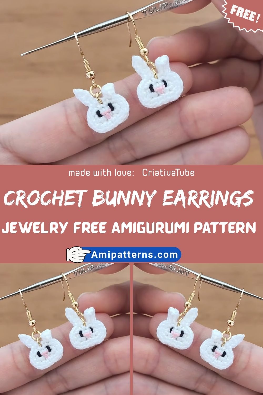 Polished Crochet Bunny Earrings Jewelry Free Amigurumi Pattern for Beginner