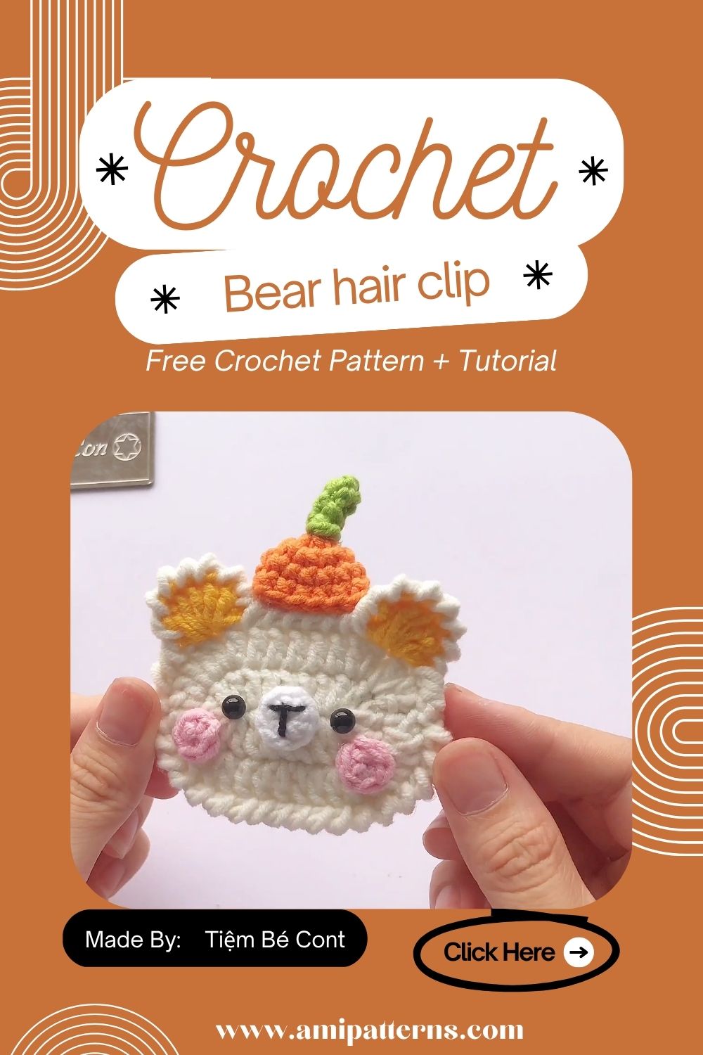 Incredible Crochet Bear hair clip with orange hat Pattern or Stylish Warmth