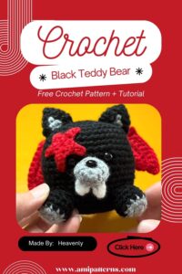 Classy Cute Crochet Black Teddy Bear with Red Star Kawaii Amigurumi Gift