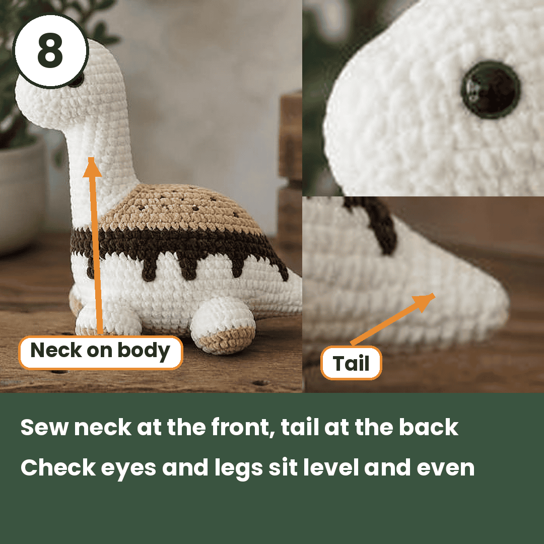 Assembly of the finished crochet smores dinosaur with neck, legs, and tail