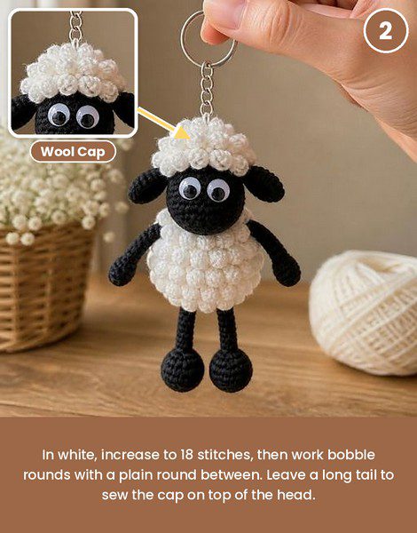 Black head for the crochet sheep keychain with googly eyes added.