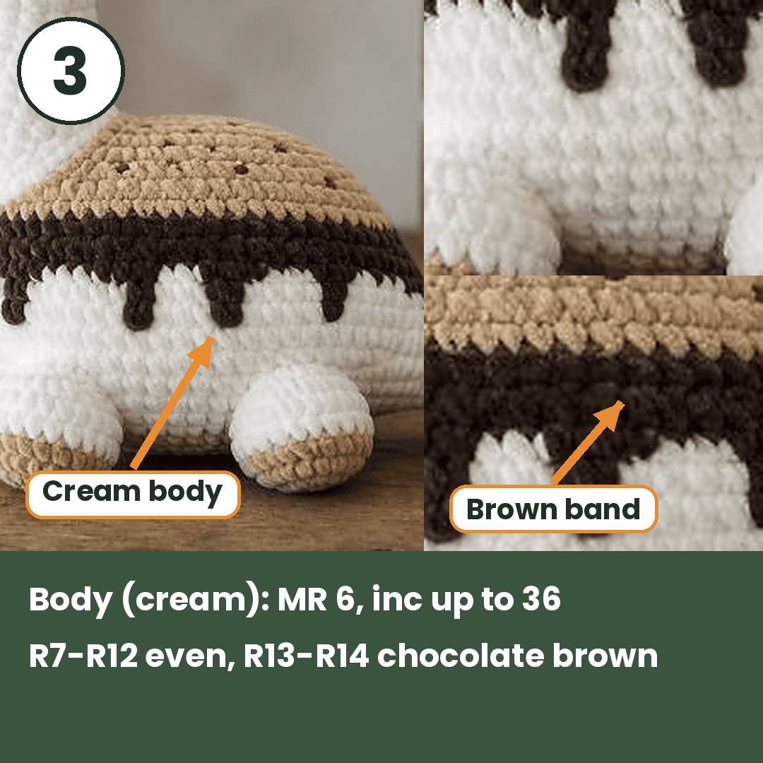 Chocolate drips stitched on the crochet smores dinosaur body