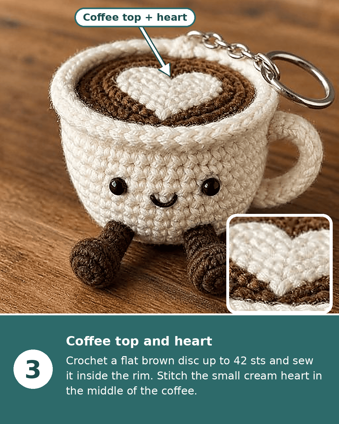 Brown spiral coffee top for the crochet coffee cup keychain