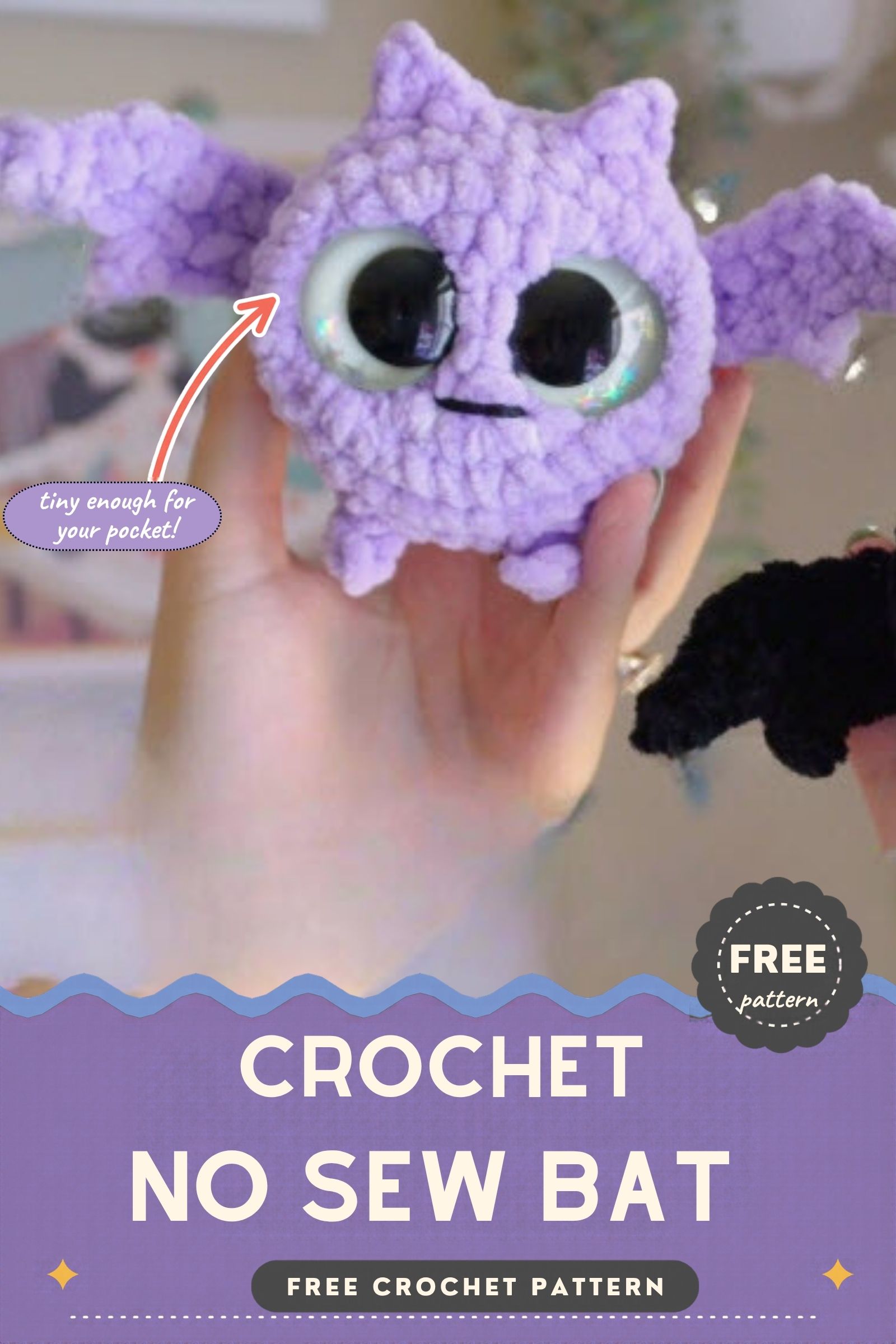 Free crochet no sew bat pattern finished with ears, legs, and wings.