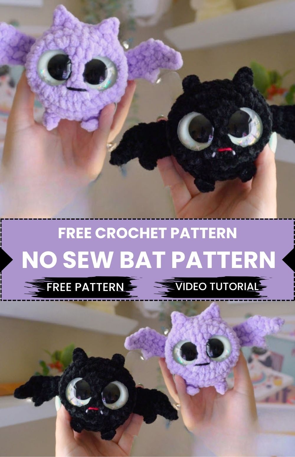 Finished free crochet no sew bat pattern in lilac plush yarn.