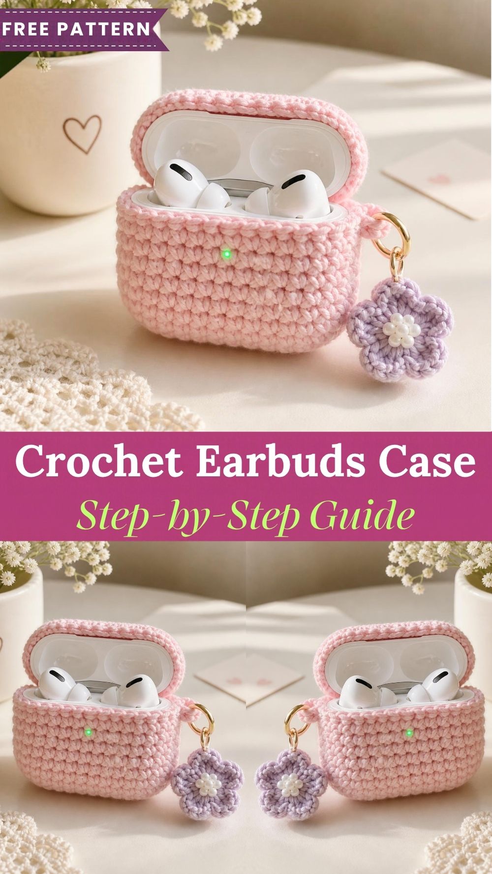 Pink crochet earbuds case with a hinged lid and lavender flower charm