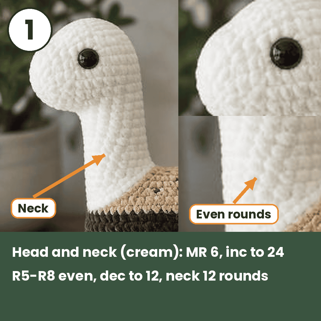 Cream head and neck of the crochet smores dinosaur