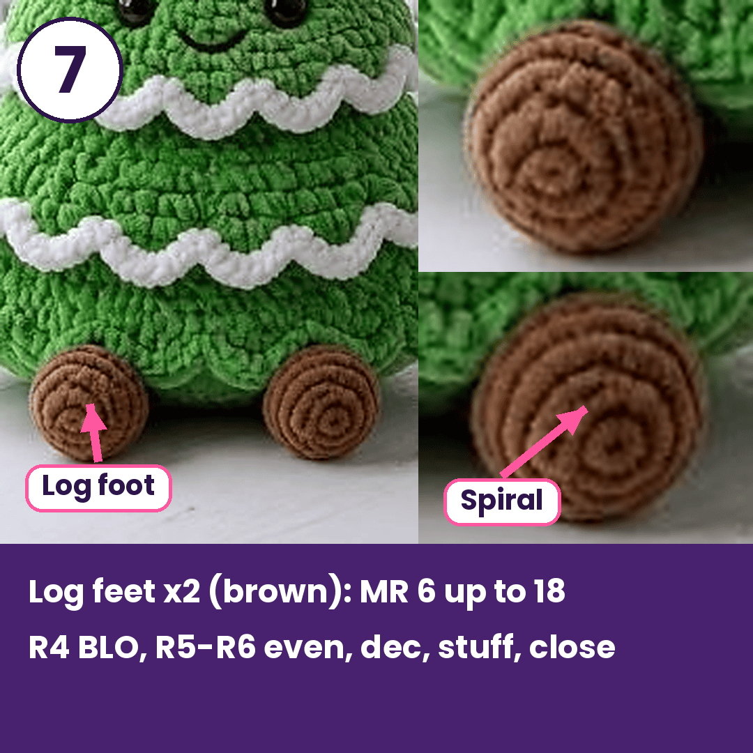 Brown log feet for the crochet Christmas tree with wood ring details