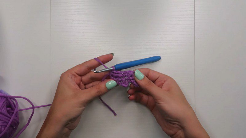 Purple single crochet stitches worked along the first row.