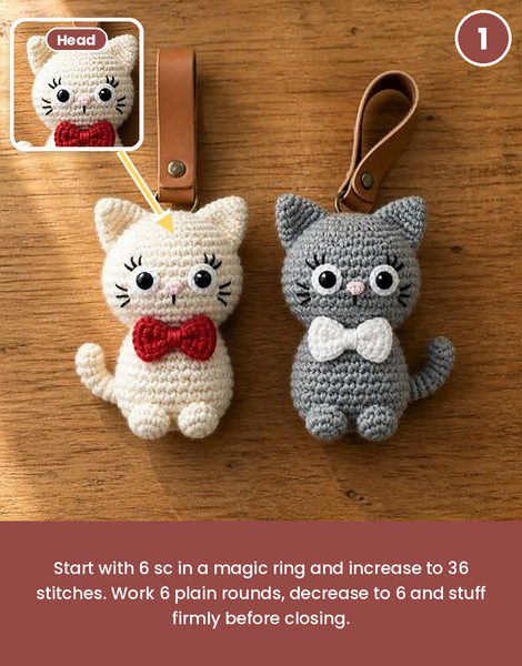 Round cream head of the crochet cat keychain with big white eyes.
