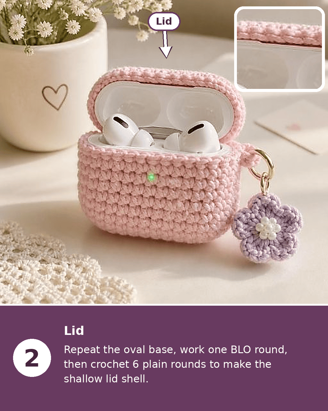 Pink crochet earbuds case lid in baby pink cotton