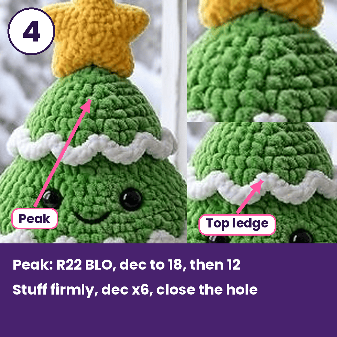 Top ledge and peak of the crochet Christmas tree before adding the star