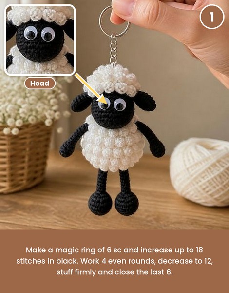 Black yarn forming the round head of the sheep keychain.